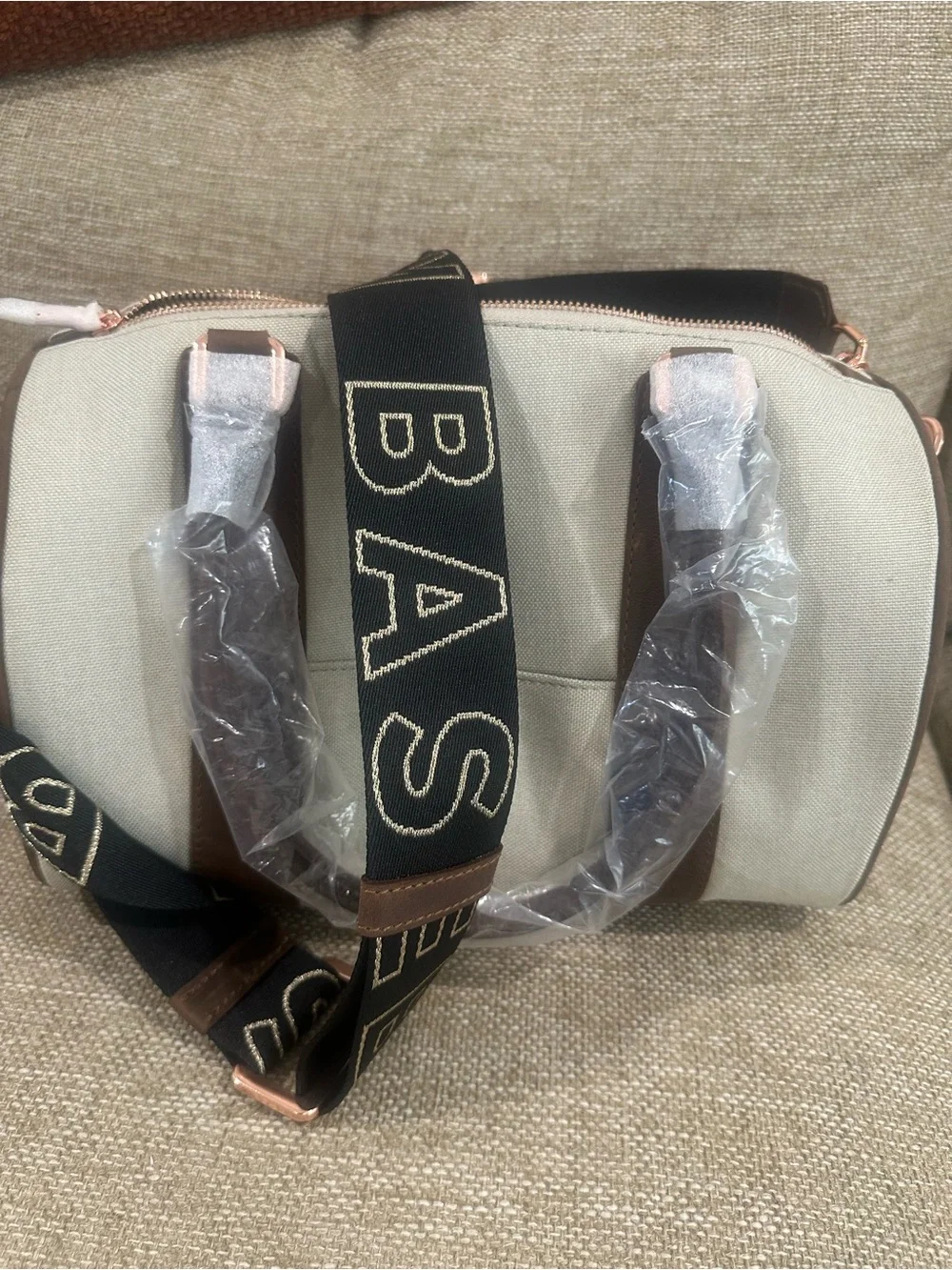 Cream Dome Shoulder Bag with Black Branded Strap